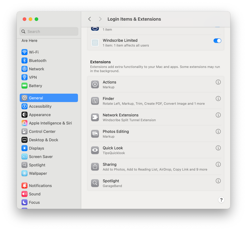 Extensions menu in MacOS