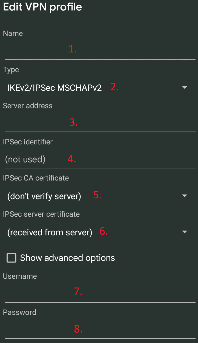 Android native IKEv2 VPN profile fields numbered one through eight