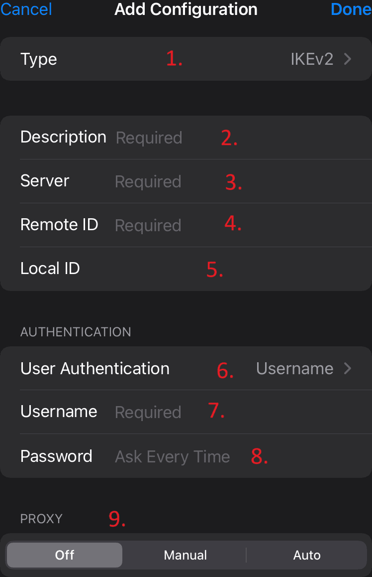 iOS native IKEv2 VPN configuration fields numbered one through nine