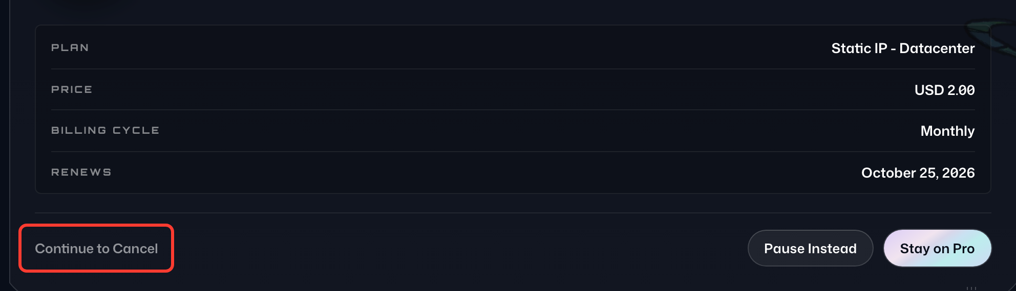 The Think Before You Cancel summary for a Static IP subscription, with Continue to Cancel highlighted