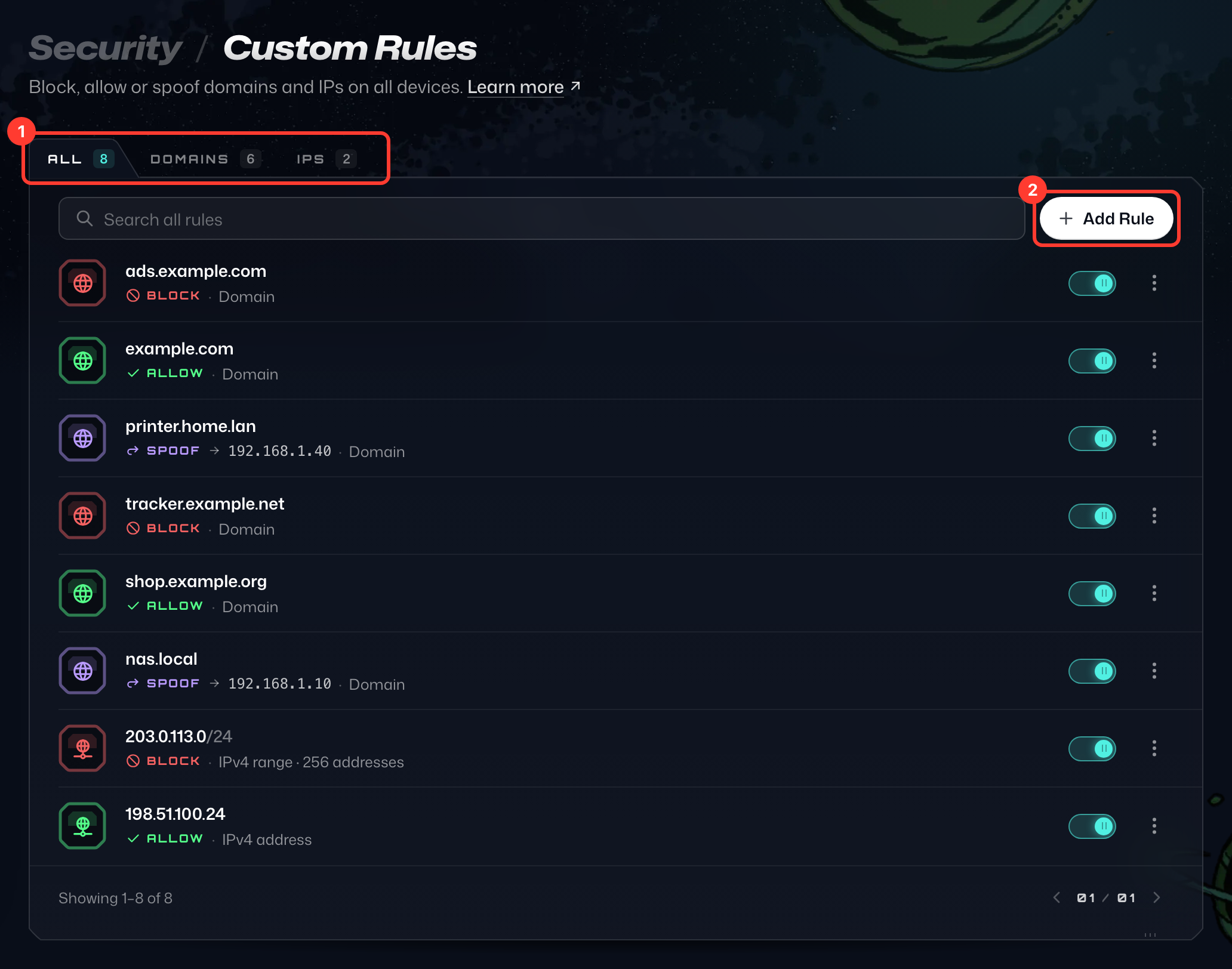 The Custom Rules page in My Account, with the All, Domains and IPs tabs and the Add Rule button numbered 1 and 2